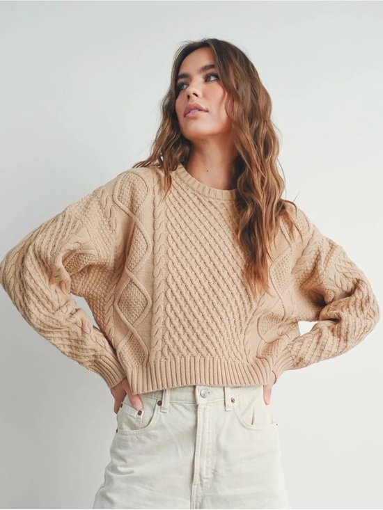 Buttermelon Sweaters - Buttermelon NEW Tan Oversized Chunky Cable Knit Cropped Sweater Size Large